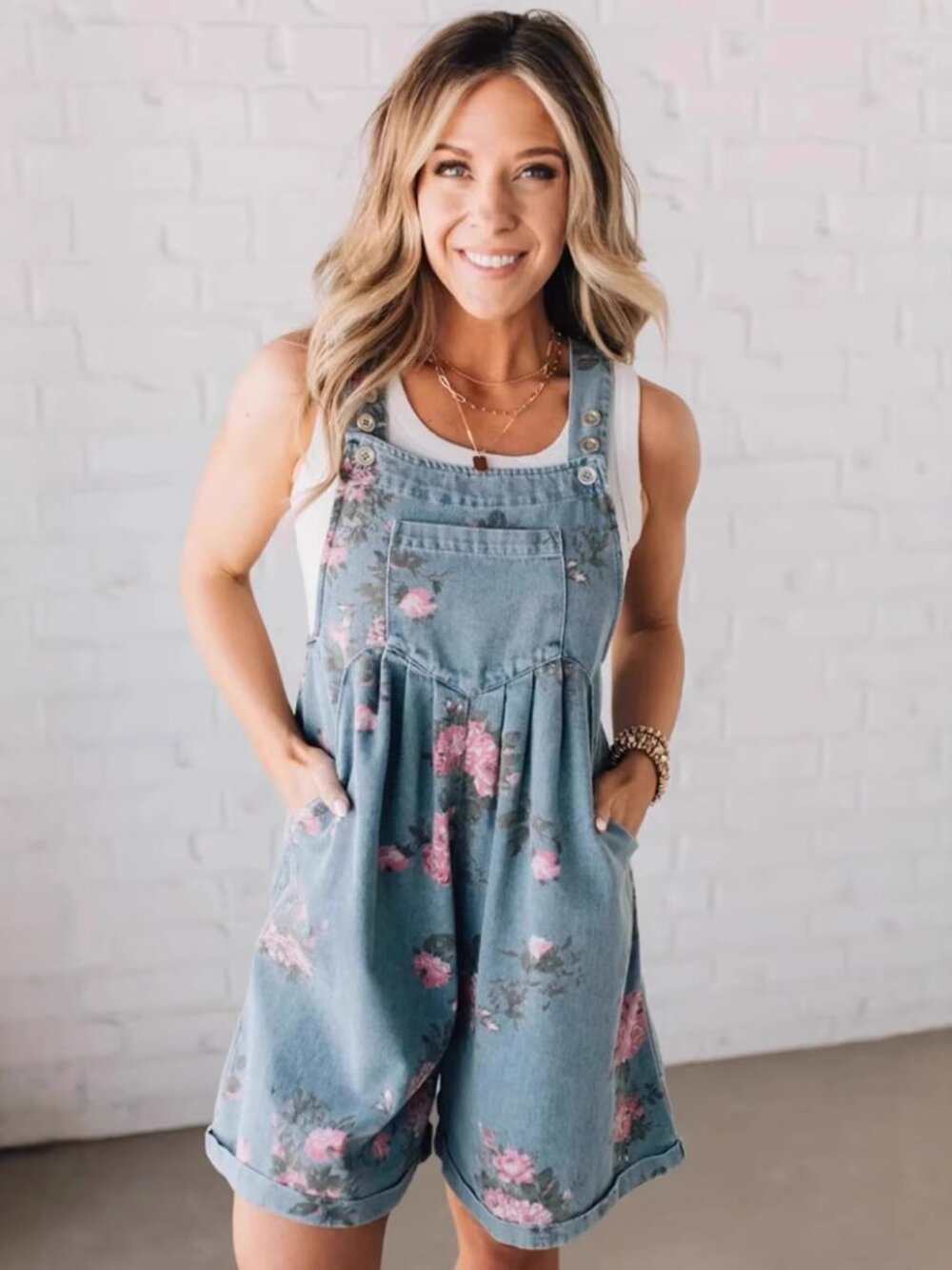 Women's Retro Floral Denim Romper – Sleeveless Wide Leg One-Piece Shorts with Po